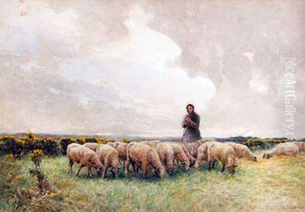 Shepherd And Sheep Grazing Oil Painting by Miller