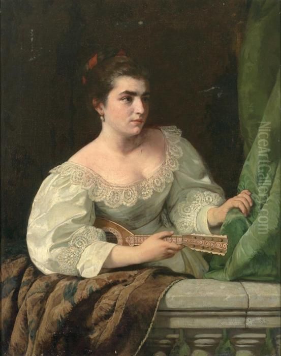 Halbfigurliches Portrait Einer Jungen Frau Mit Laute An Steinerner Balustrade Oil Painting by Pauline Suhrlandt Soltau
