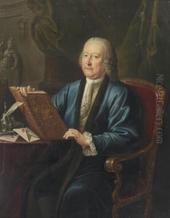 Portrait Of Johan Anthonie Van 
Kinschot (1708-1766), Alderman Of The City Of Delft, 
Three-quarter-length, In A Blue Robe And A White Chemise, Seated At A 
Desk With Writing Materials, Holding A Book Embossed With His Coat Of 
Arms Oil Painting by Philippe Lambert Spruyt