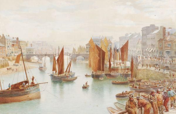 Whitby: Landing Fish At Low Water Oil Painting by William Henry Stopford