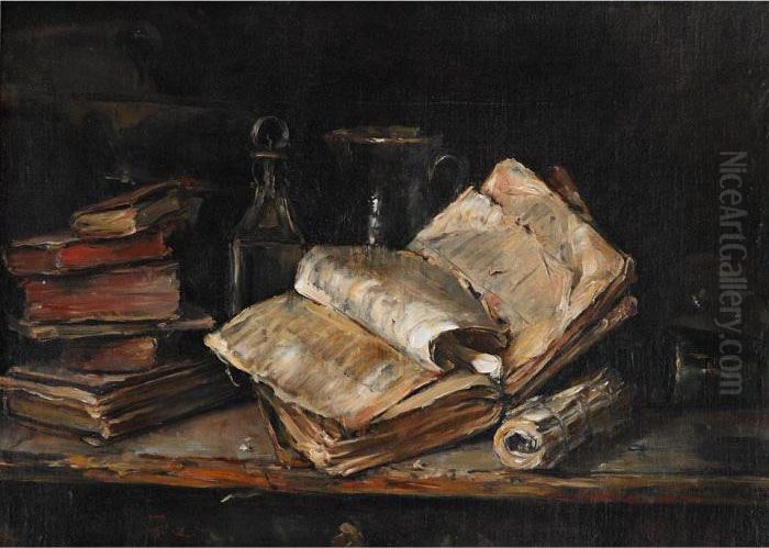 Still Life Of Antiquarian Books And Vessels On A Ledge Oil Painting by Henk Jan Ten Cate