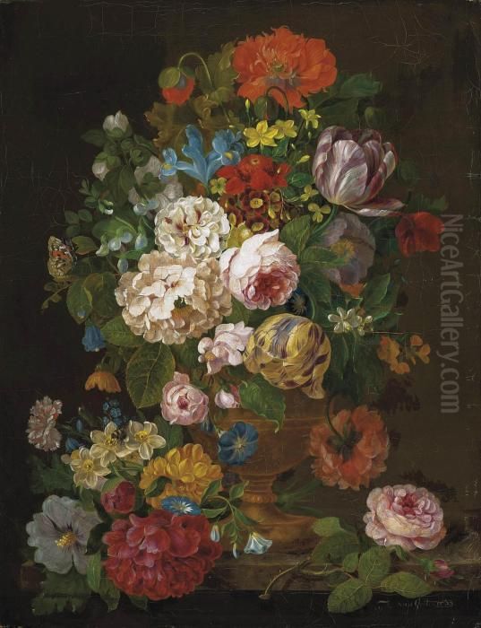Roses, Tulips, Narcissae, 
Chrysanthemums And Other Summer Blooms In A Ewer On A Ledge With A 
Beetle, Butterfly And Bee Oil Painting by F. van Geit