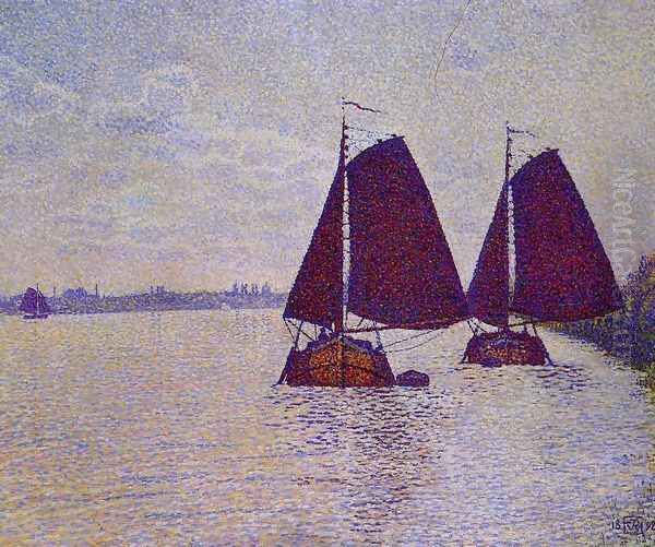 Barges on the River Scheldt Oil Painting by Theo van Rysselberghe