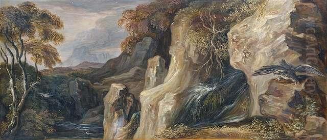 Idealisierte Landschaft Mit Felsmassiv Und Wasserfall Oil Painting by George Augustus Wallis