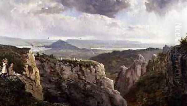 The Elbor Rocks looking towards Glastonbury with the artist EJ Niemann painted by AF de Prades Oil Painting by Edmund John Niemann