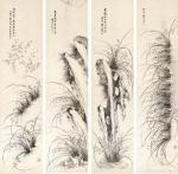 Orchids And Rocks Oil Painting by Xun Zhou