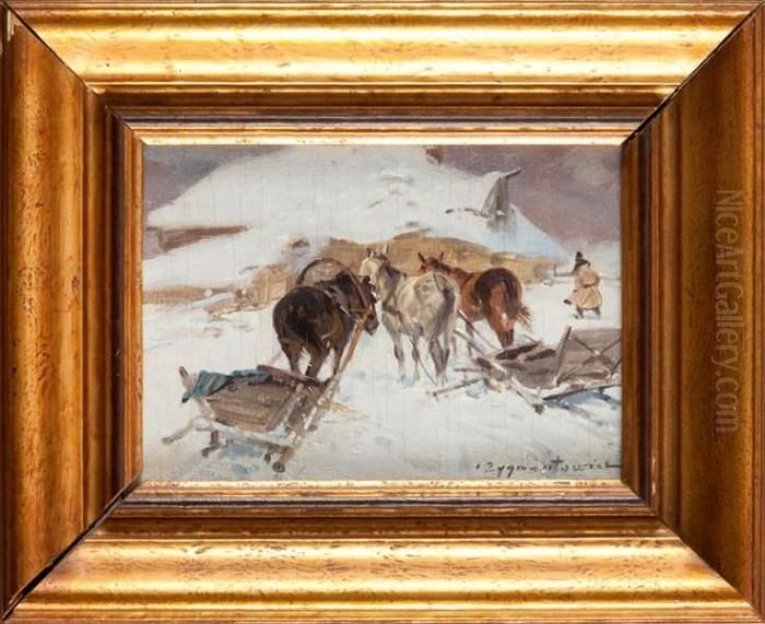 Zaprzegi Przed Karczma Oil Painting by Ignacy (Czeslaw Wasilewski) Zygmuntowicz