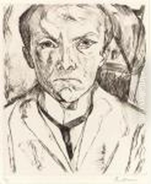 Frontal Self-portrait With House
 Gable In Background (selbstbildnis Von Vorn, Im Hintergrund Hausgiebel)
 (h. 125) Oil Painting by Max Beckmann