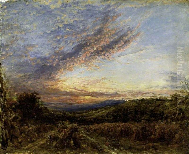 Sunset over a Moorland Landscape Oil Painting by John Linnell