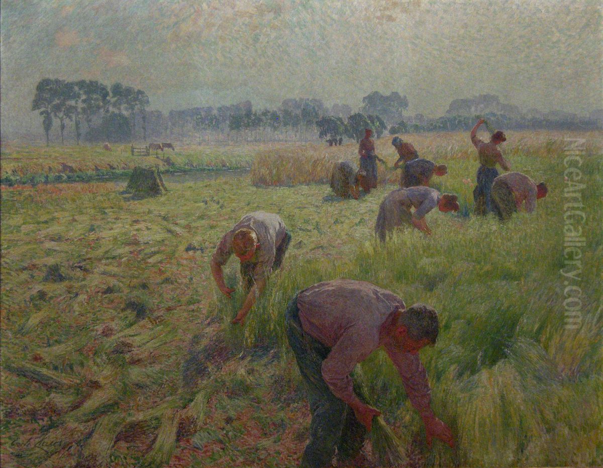 Flax Harvesting Oil Painting by Emile Claus
