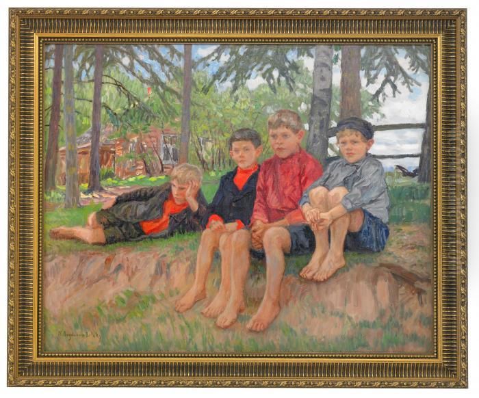 Four Boys In A Landscape Oil Painting by Nikolai Petrovich Bogdanov-Belsky