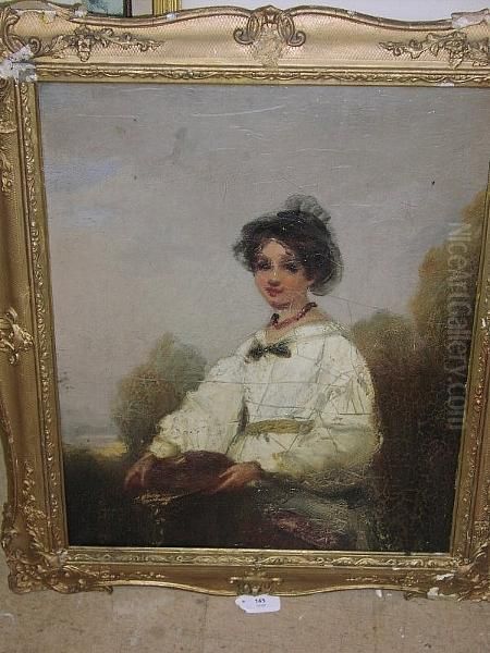 Portrait Of A Girl In A White 
Dress Holding A Basket, Three-quarter Length, Landscape Beyond Oil Painting by George Chinnery