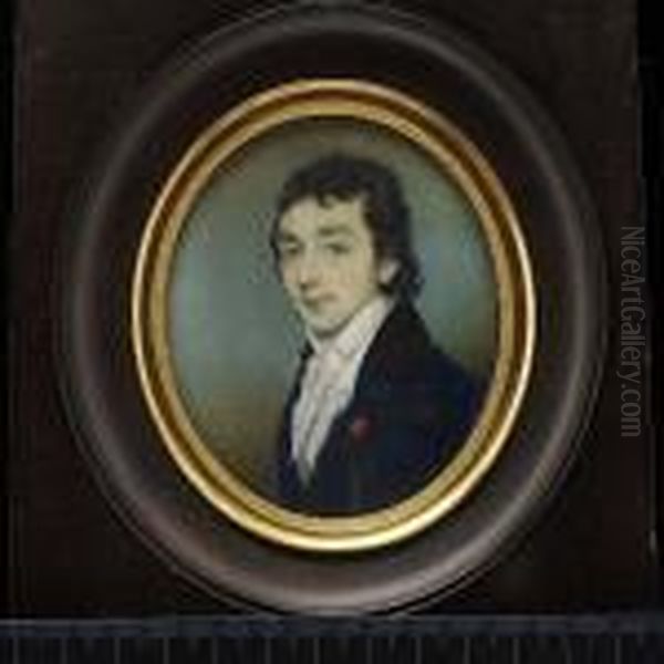 A Young Gentleman, Wearing Blue 
Coat With Black Velvet Collar And Tied White Cravat, A Red Ribbon Pin To
 His Lapel. Oil Painting by George Chinnery