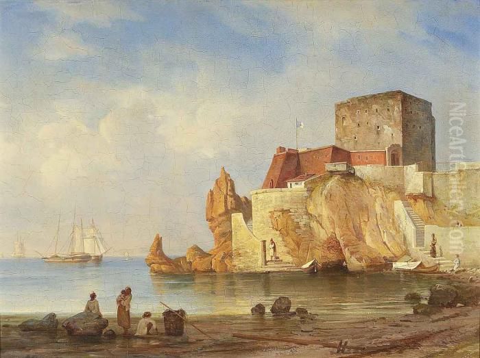 Vista Do Forte Do Ilheu Da 
Pontinha, Funchal Com Bandeira Real Portuguesa, Costa Maritima, Barcos E
 Figuras Na Praia. Oil Painting by George Chinnery