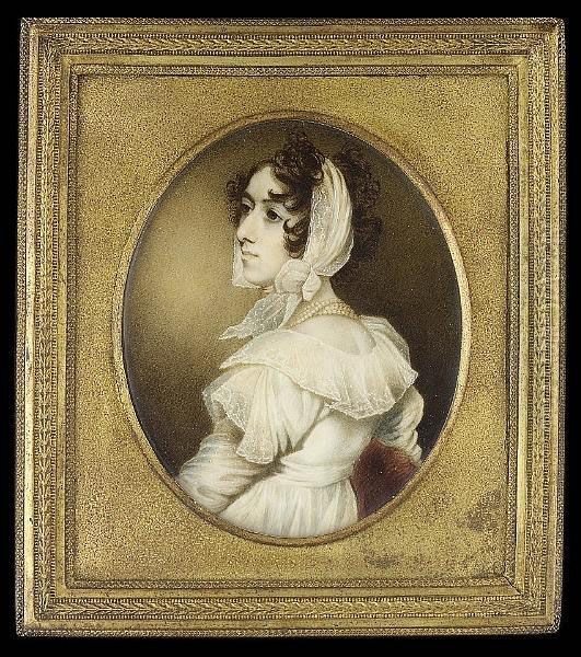 Marian Greer (d.1814), Seated On
 A Red Upholstered Chair, Wearing White Dress With Spotted Gauze 
Sleeves, Large Embroidered Collar And Shoulder Caps, Four Strand Pearl 
Necklace And Embroidered White Scarf Tied About Her Head Oil Painting by George Chinnery