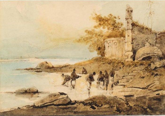 Figures Bathing In A River; A Wooded Landscape Oil Painting by George Chinnery