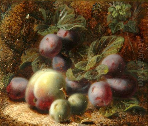 Still Life - A Bunch Of Grapes, 
Peaches, Gooseberries And A Strawberry On An Earthy Bank, Signed Oil Painting by Oliver Clare