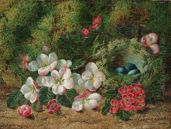 Still Life Of Fruit On A Mossy 
Bank; Still Life Of Flowers And A Bird's Nest On A Mossy Bank Oil Painting by Oliver Clare