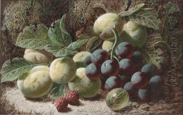 Grapes, Greengages, Raspberries,
 And A Gooseberry, On A Mossy Bank;and Plums, Whitecurrants, A Peach And
 A Strawberry, On A Mossybank Oil Painting by Oliver Clare