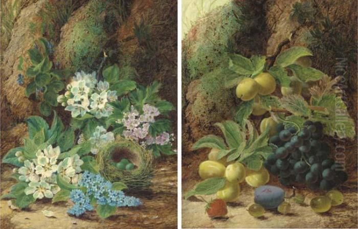 Primroses And Apple Blossom, A 
Bird's Nest With Eggs, On A Mossy Bank; And Grapes, Plums, Gooseberries,
 A Plum And A Strawberry, On A Mossy Bank Oil Painting by Oliver Clare