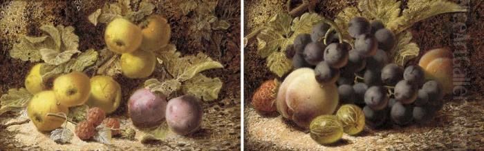 Grapes, Pears, Gooseberries And A
 Strawberry, On A Mossy Bank; And Apples, Plums, And Raspberries, On A 
Mossy Bank Oil Painting by Oliver Clare