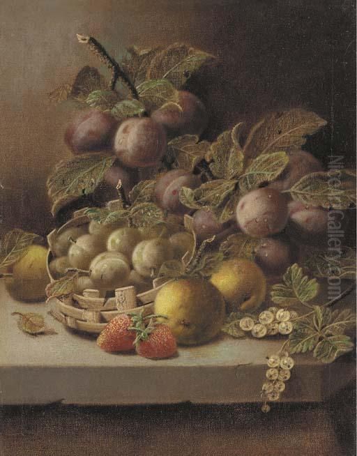 Plums, Apples, Strawberries, And
 Whitecurrants With Greengages In Awicker Basket On A Stone Ledge Oil Painting by Oliver Clare