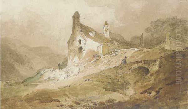 A Figure On A Bridge Below Cottages, Wales Oil Painting by John Sell Cotman