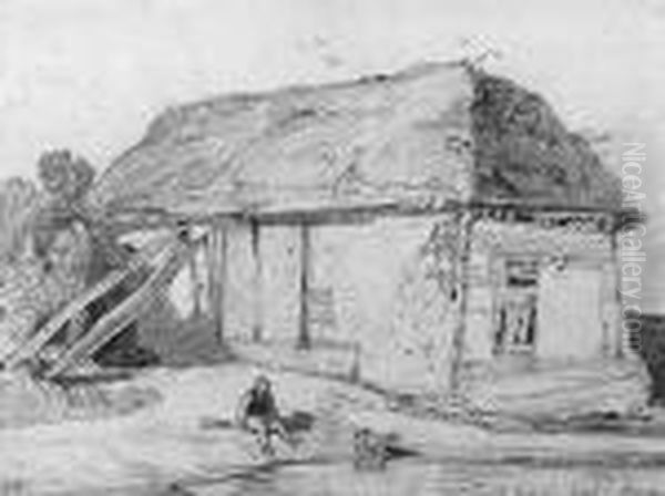 East Winch, Norfolk; A Man And A Dog By A River With A Barnbeyond Oil Painting by John Sell Cotman
