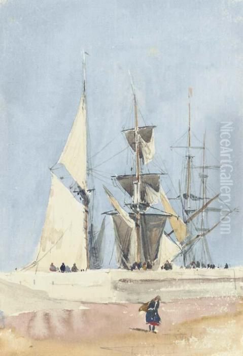 Sailing Vessels Preparing For Sea, Dieppe, France Oil Painting by David I Cox