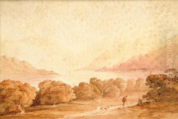 Landscape With Traveller Monochromatic Oil Painting by Anthony Vandyke Copley Fielding