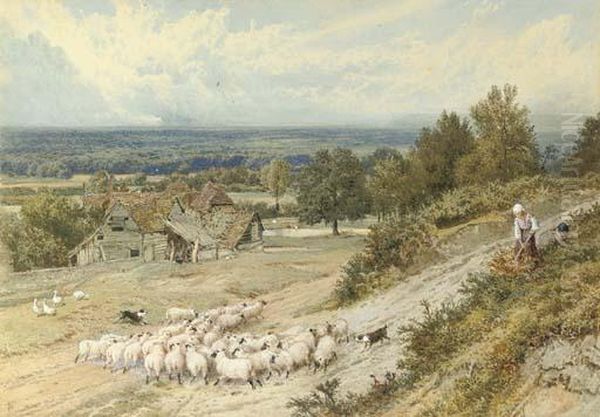 A Farmhouse Near Haslemere With Children Blackberrying Oil Painting by Myles Birket Foster