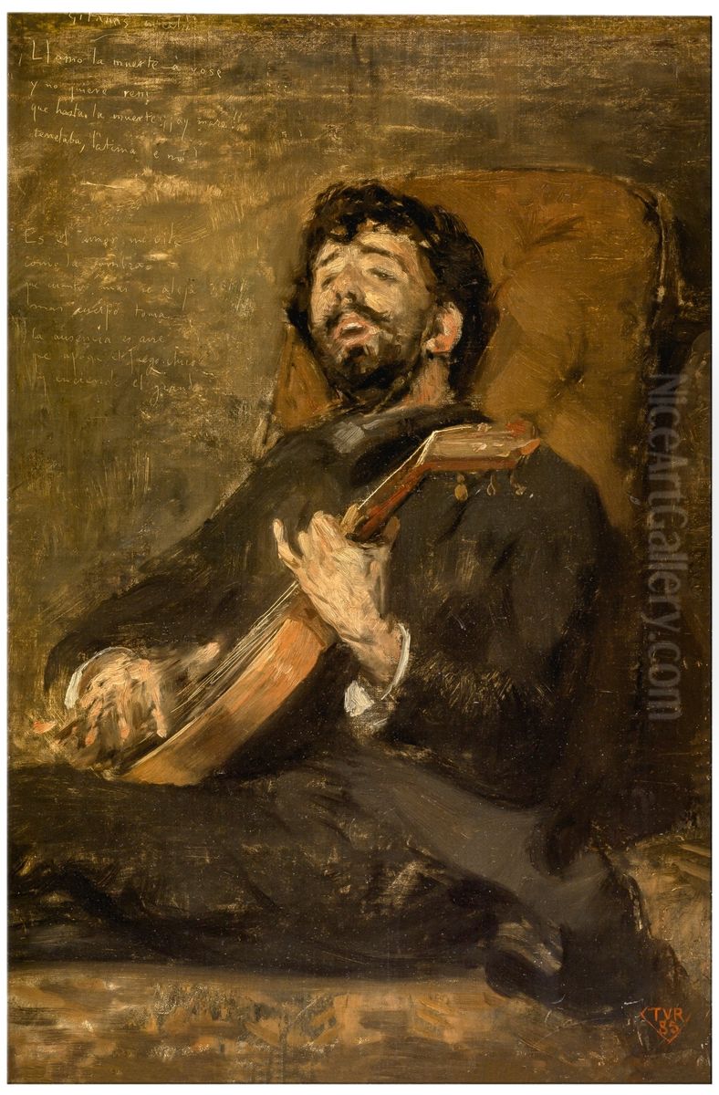 Dario de Regoyos Playing the Guitar Oil Painting by Theo van Rysselberghe