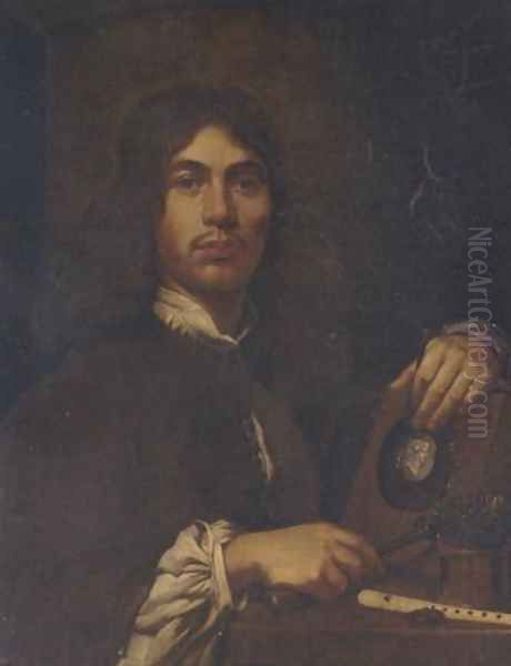 Portrait of an artist holding a hammer and chisel before an intaglio oval portrait bust of a classical figure, with a pot of chisels and a flute on a table, 1662 Oil Painting by Sebastien Bourdon