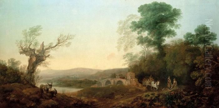 River Landscape With Travellers 
Resting On The Edge Of A Wood A Horse Drawn Cart
 Before A Bridge And Donkeys On A Bank Oil Painting by Thomas Gainsborough