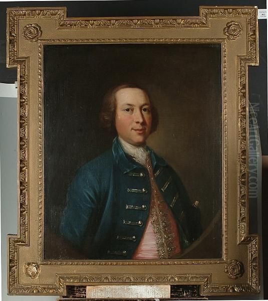 Portrait Half Length Of A 
Gentleman Wearing A Blue Coat And A Pink Waistcoat, Holding A Tricorn 
Hat Under His Arm. Oil Painting by Thomas Gainsborough