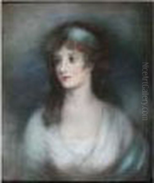 Portrait Of A Young Lady, Bust 
Length, Wearing White Dress, Blue Shawl And Blue Ribbon In Her Hair Oil Painting by Thomas Gainsborough