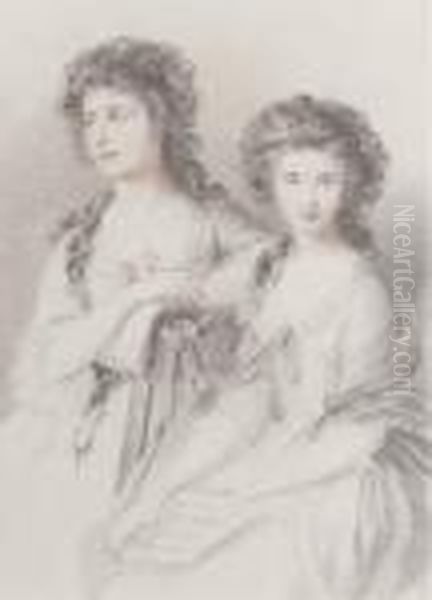 Double Portrait Of Elizabeth Ann
 Linley And Her Sister, Mary, Three-quarter-length, In White Dresses Oil Painting by Thomas Gainsborough