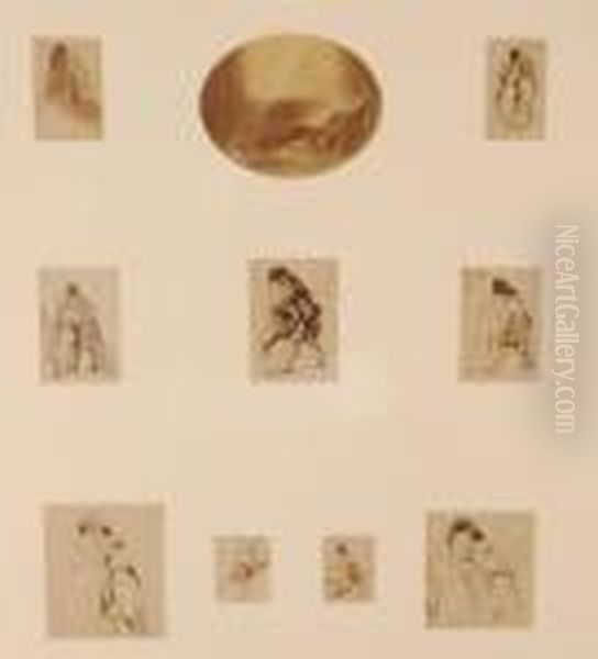 Frederick Goodall , 9 Miniature 
Pen And Ink Figure Study Sketches Including 