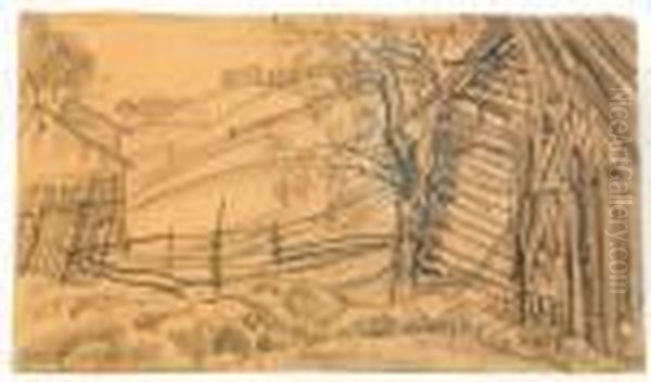 Landscape With Wooden House Oil Painting by Boris Dmitrievich Grigoriev