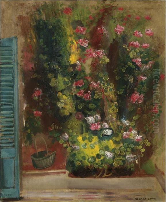 Flowers On The Window Ledge Oil Painting by Boris Dmitrievich Grigoriev