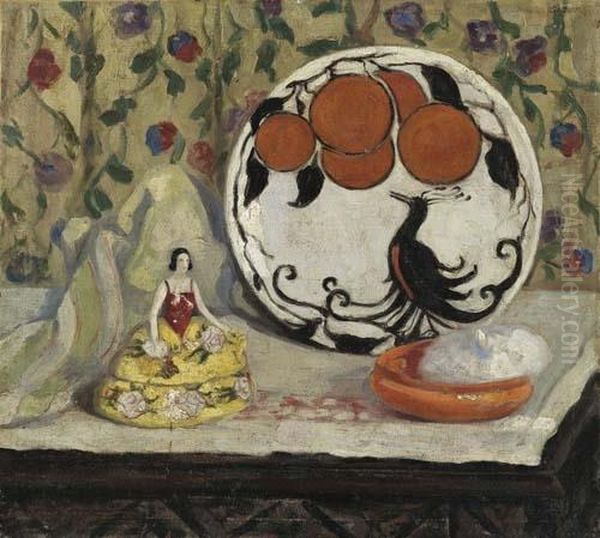 Still Life With Porcelain Figure, Plate And Bowl On A Table Oil Painting by Boris Dmitrievich Grigoriev
