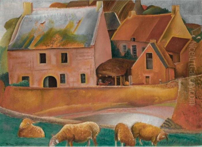 Farm With Rams Oil Painting by Boris Dmitrievich Grigoriev