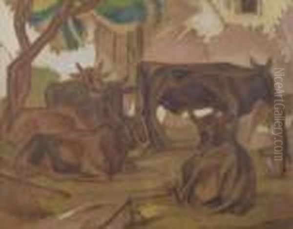 Cows In Shed. Oil Painting by Boris Dmitrievich Grigoriev