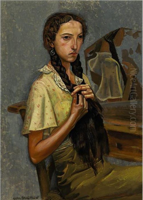 Portrait Of A Girl At The Mirror Oil Painting by Boris Dmitrievich Grigoriev