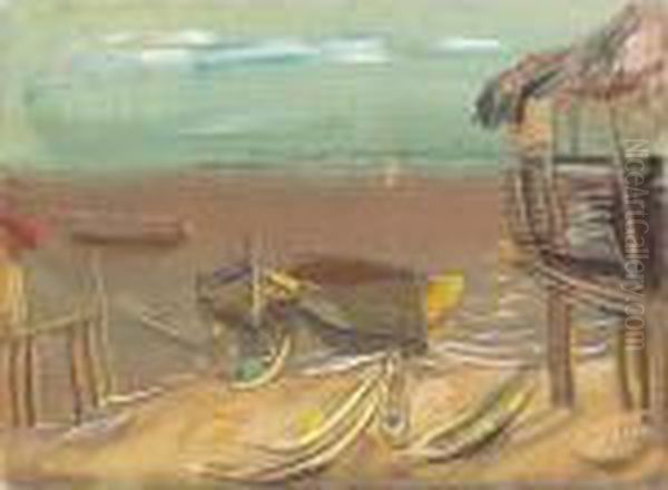 Boats On The Seashore Oil Painting by Boris Dmitrievich Grigoriev