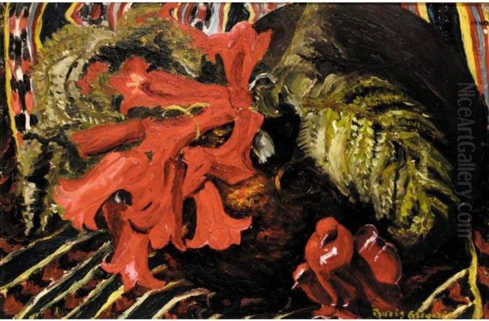 Still Life With Red Flowers Oil Painting by Boris Dmitrievich Grigoriev