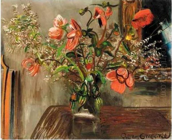 Still Life With Poppies Oil Painting by Boris Dmitrievich Grigoriev