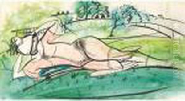 Girl On The Grass Oil Painting by Boris Dmitrievich Grigoriev