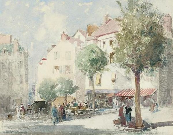 Figures In A Sunlit French Market Square Oil Painting by William Lee Hankey