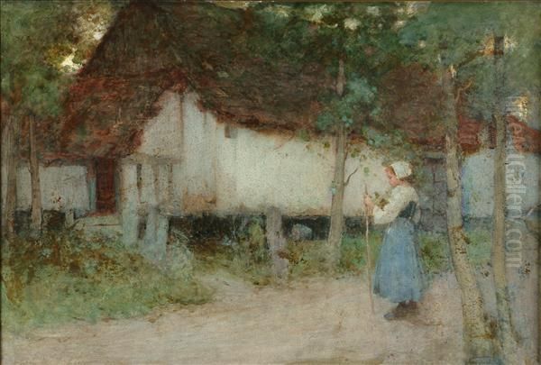 A Young Girloutside A Barn Oil Painting by William Lee Hankey